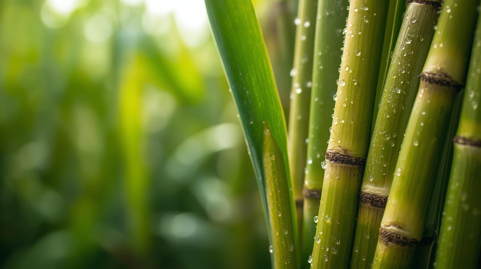 Close-up of fresh sugarcane stalks with dew, natural green background, realistic lighting, and premium farm freshness.
