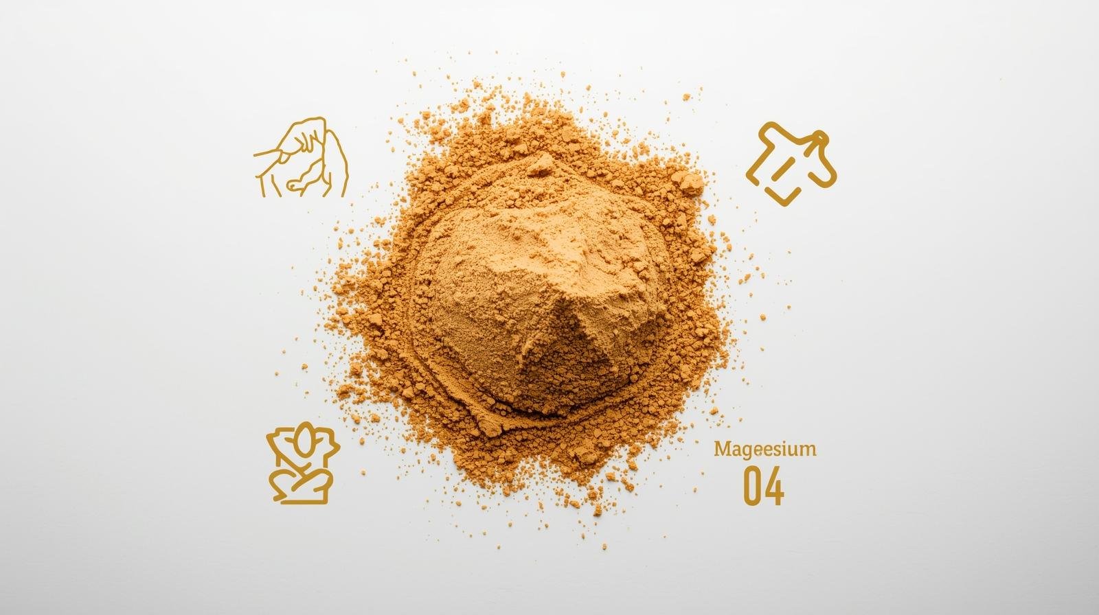 Flat lay of natural jaggery powder with nutrition icons (iron, calcium, magnesium), clean minimal layout.