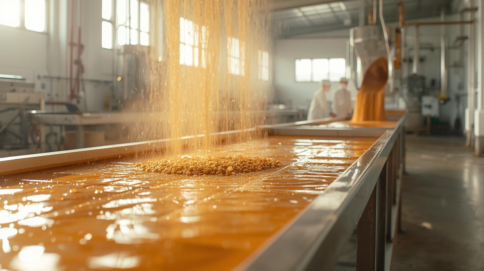 Hygienic jaggery production process, clean food-grade setup, natural light, premium brand style.