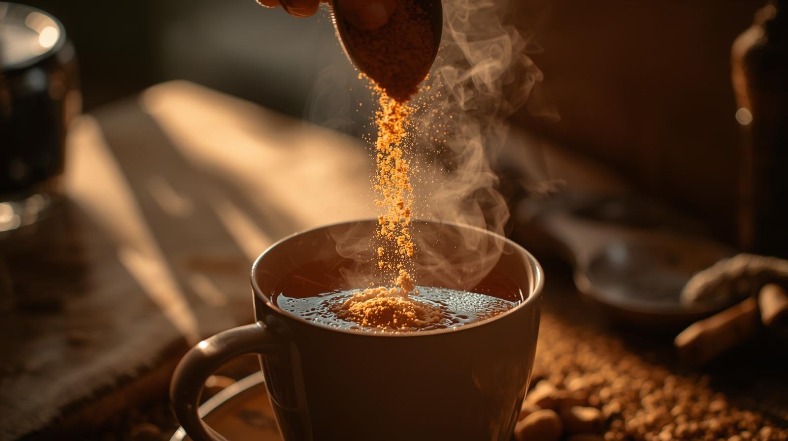 Warm lifestyle image of tea with jaggery powder being added, cozy golden light, natural home setting.